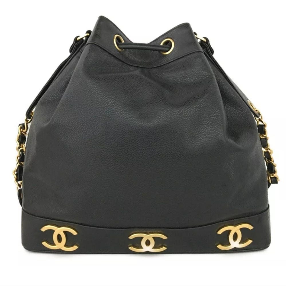 CHANEL Black Triple Coco CC Logo Cavier Leather Drawstring Shoulder Bag - Picture 5 of 12